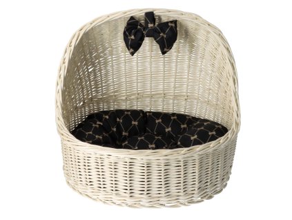 Pleteni krevet za psa s nadstrešnicom - bijeli sa crnom mašnom