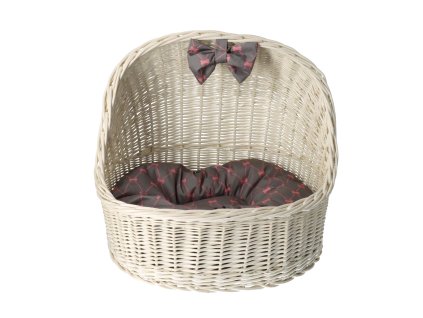 Pleteni krevet za psa s nadstrešnicom - bijeli sa sivom mašnom