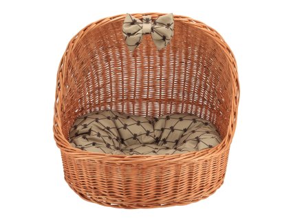 Pleteni krevet za psa s nadstrešnicom - prirodni s bež mašnom