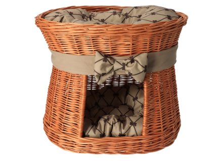 Pleteni krevet za ljubimce s kućicom prirodni - opšiveni s bež mašnom