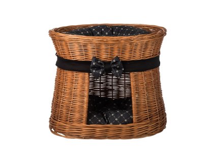 Pleteni krevet za ljubimce s kućicom prirodni - opšiveni s crnom mašnom