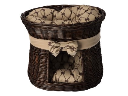 Pleteni krevet za ljubimce s kućicom tamni - opšiveni s bež mašnom